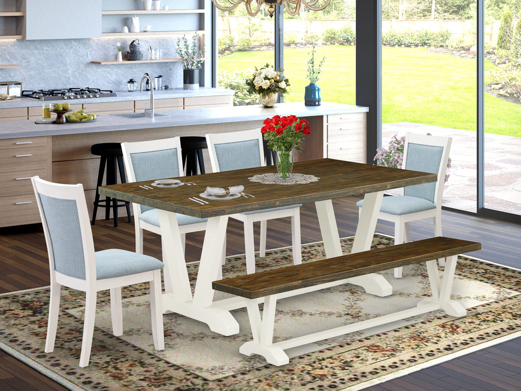 V077MOTP9-Q 6 Piece Set Dining Table with Modern V-Legs and Seating Ensemble in Baby Blue & Multi hues