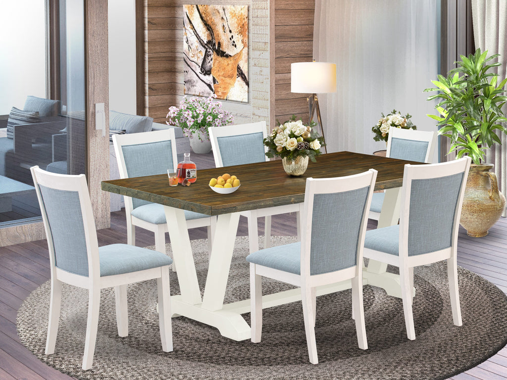 V077MVKFG-I 7-Piece Dining Set Rectangular Table with Unique V-Legs & 6 Blue Parson Chairs
