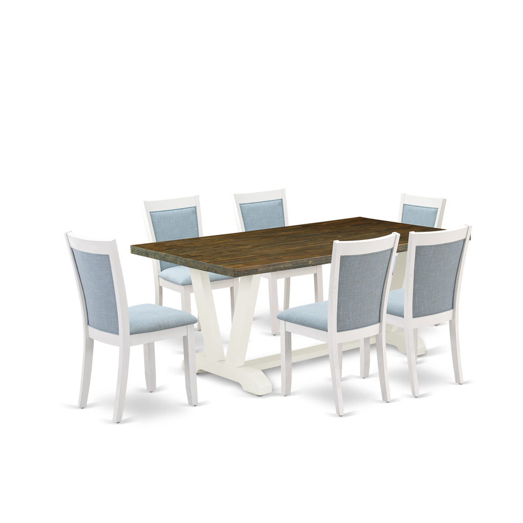 V077MVKFG-I 7-Piece Dining Set Rectangular Table with Unique V-Legs & 6 Blue Parson Chairs
