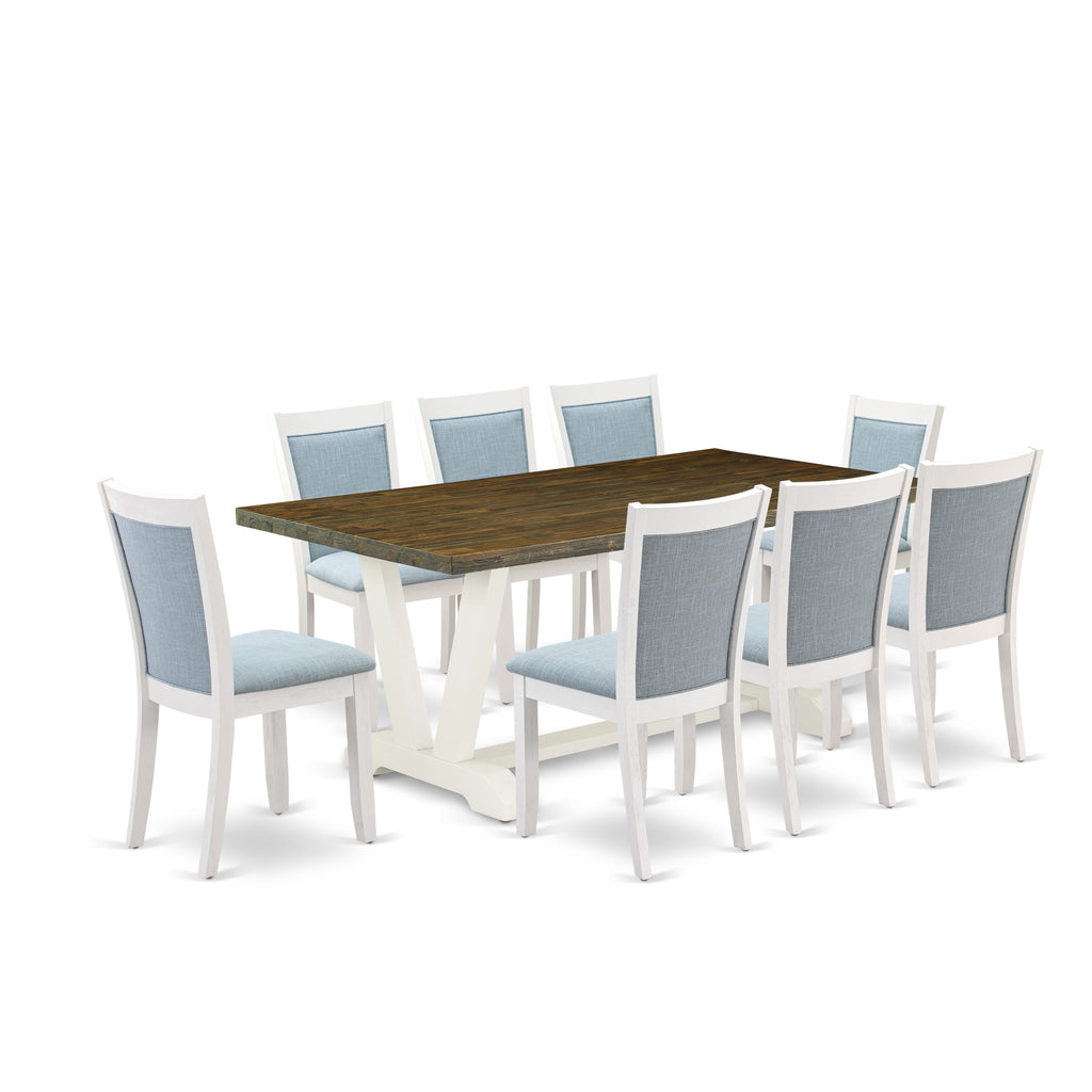 V077M3HN4-I Elegant 9 Piece Dining Set with V-Leg Table & 8 Blue Fabric Chairs, Multi-Color Flair