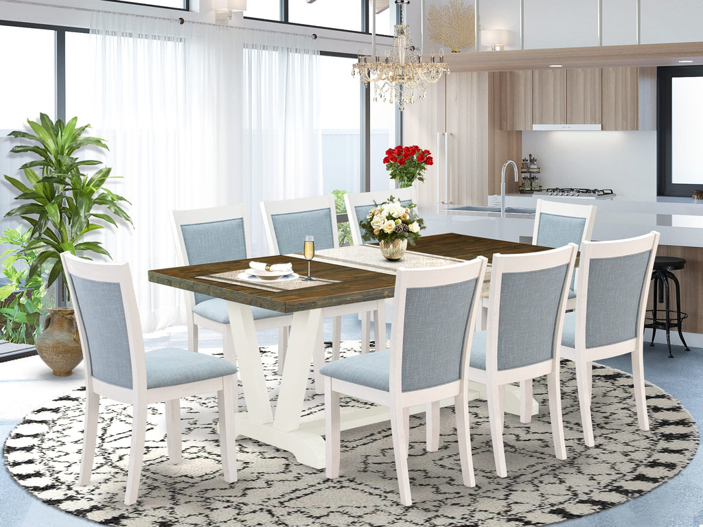 V077M3HN4-I Elegant 9 Piece Dining Set with V-Leg Table & 8 Blue Fabric Chairs, Multi-Color Flair