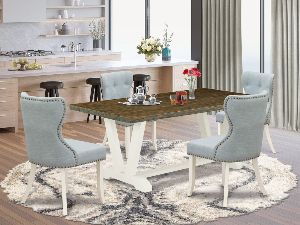 V077S1J42-T 5pc Rectangular Dining Ensemble with V-Style Table and 4 Baby Blue Linen Chairs, 40x72 Multicolor Set