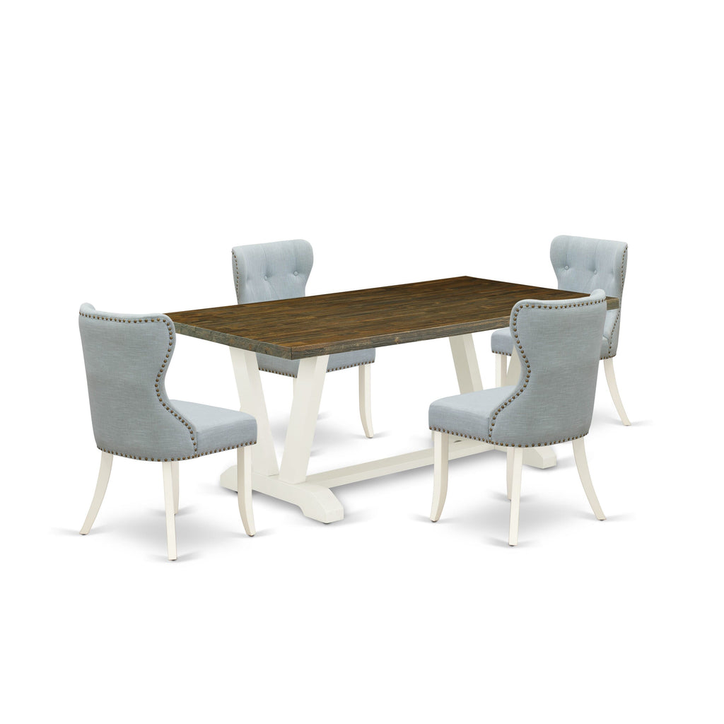 V077S1J42-T 5pc Rectangular Dining Ensemble with V-Style Table and 4 Baby Blue Linen Chairs, 40x72 Multicolor Set