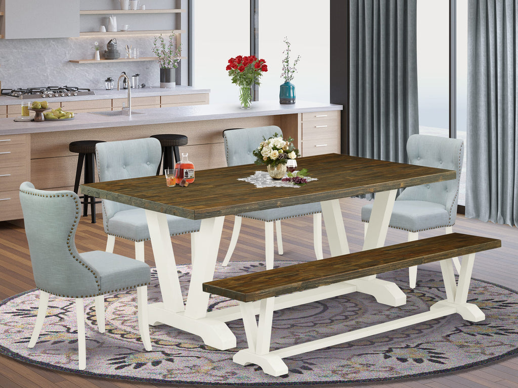 V077S4ZT7-Z 6-Piece Dining Set Rectangle Table, V-Legs, 4 Blue Parson Chairs, Bench, 40x72, Multi-Color