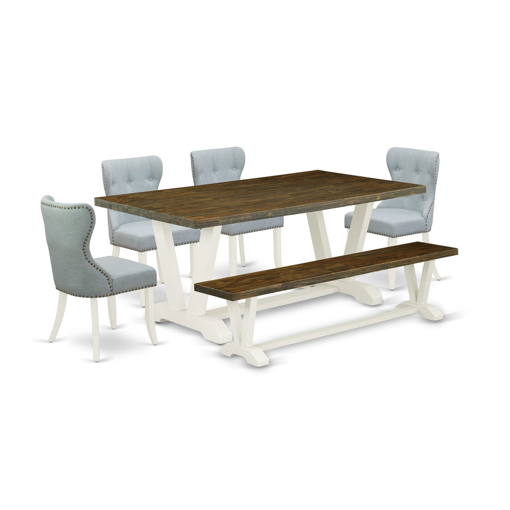 V077S4ZT7-Z 6-Piece Dining Set Rectangle Table, V-Legs, 4 Blue Parson Chairs, Bench, 40x72, Multi-Color