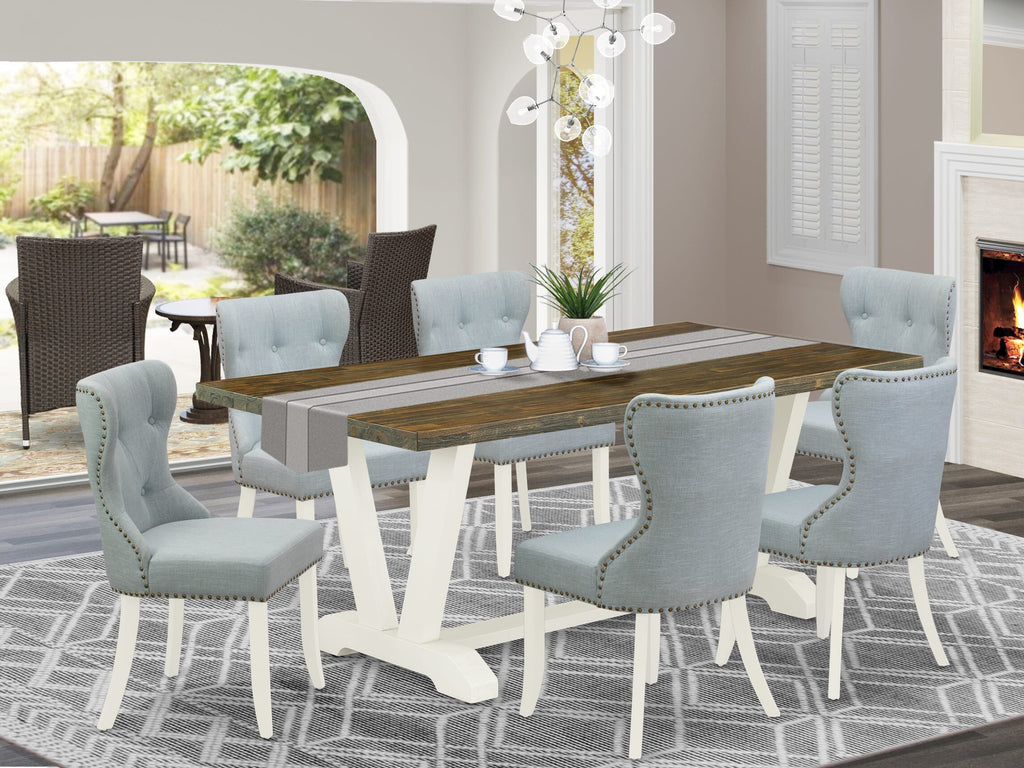 V077S4841-7 7-Piece Dining Ensemble with V-Leg Rectangle Table & 6 Blue Linen Chairs, 40x72