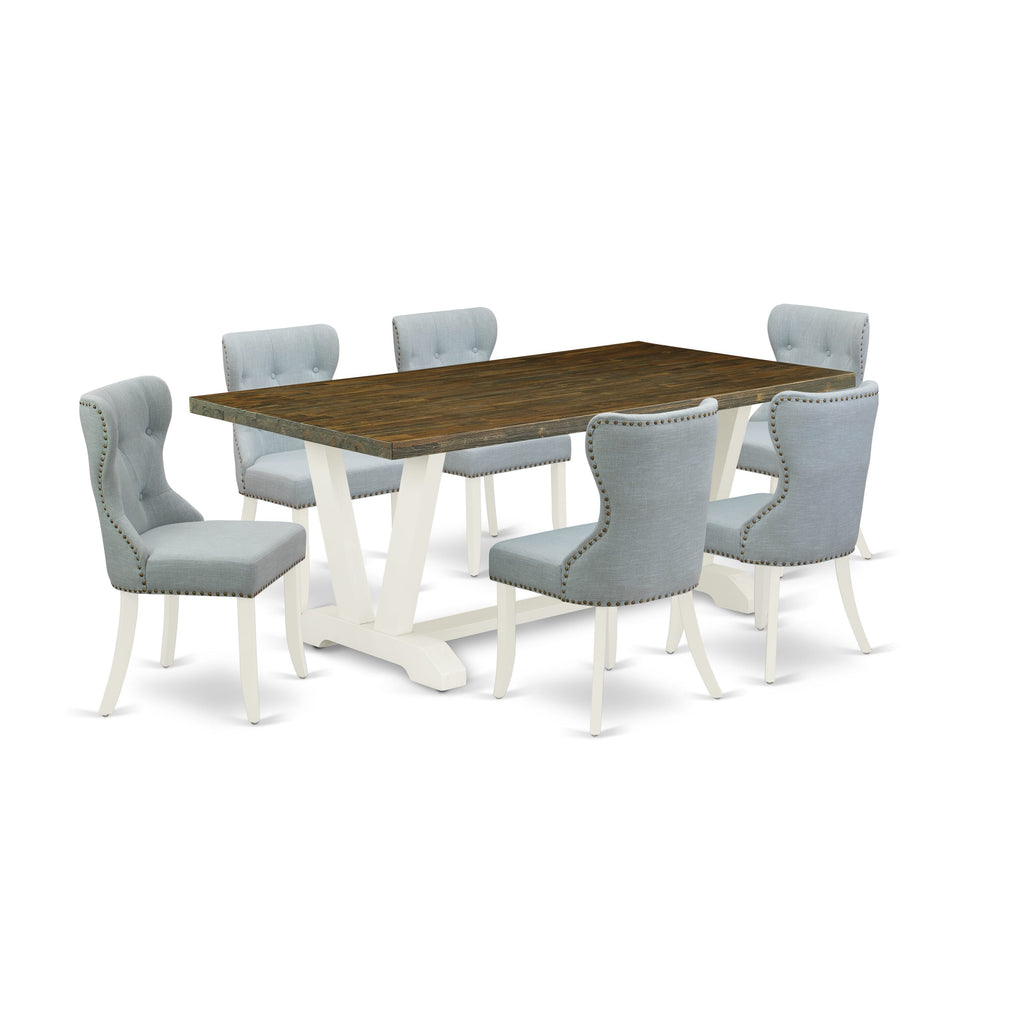 V077S4841-7 7-Piece Dining Ensemble with V-Leg Rectangle Table & 6 Blue Linen Chairs, 40x72