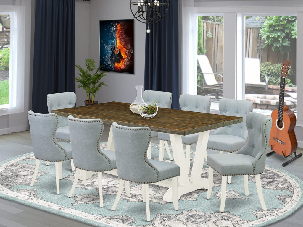V077SXBGK-E 9-Piece Dining Ensemble with V-Leg Rectangle Table and 8 Sky Blue Parsons Chairs, 40x72 Multi-Colored