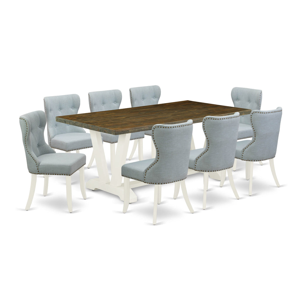 V077SXBGK-E 9-Piece Dining Ensemble with V-Leg Rectangle Table and 8 Sky Blue Parsons Chairs, 40x72 Multi-Colored