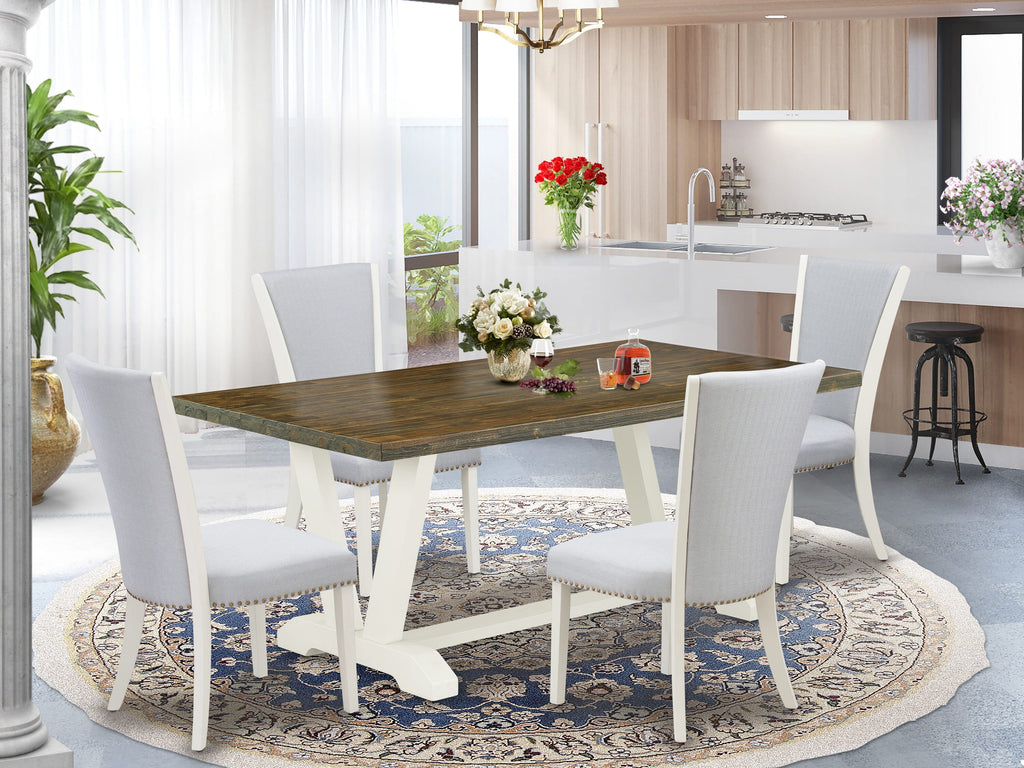 V077VZRPE-P Rustic Charm 5-Piece Dining Set Rectangle Table with V-Legs & 4 Plush Grey Chairs, 40x72