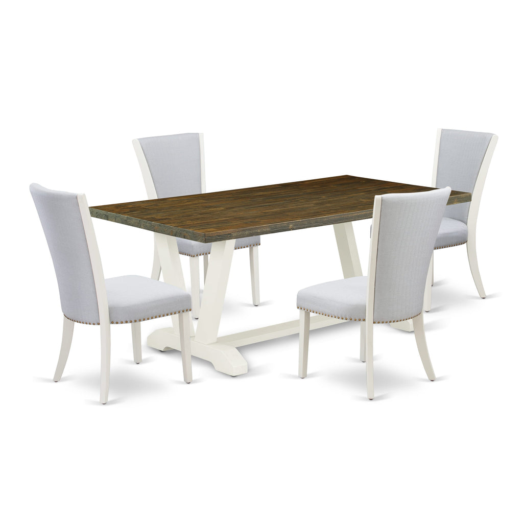 V077VZRPE-P Rustic Charm 5-Piece Dining Set Rectangle Table with V-Legs & 4 Plush Grey Chairs, 40x72