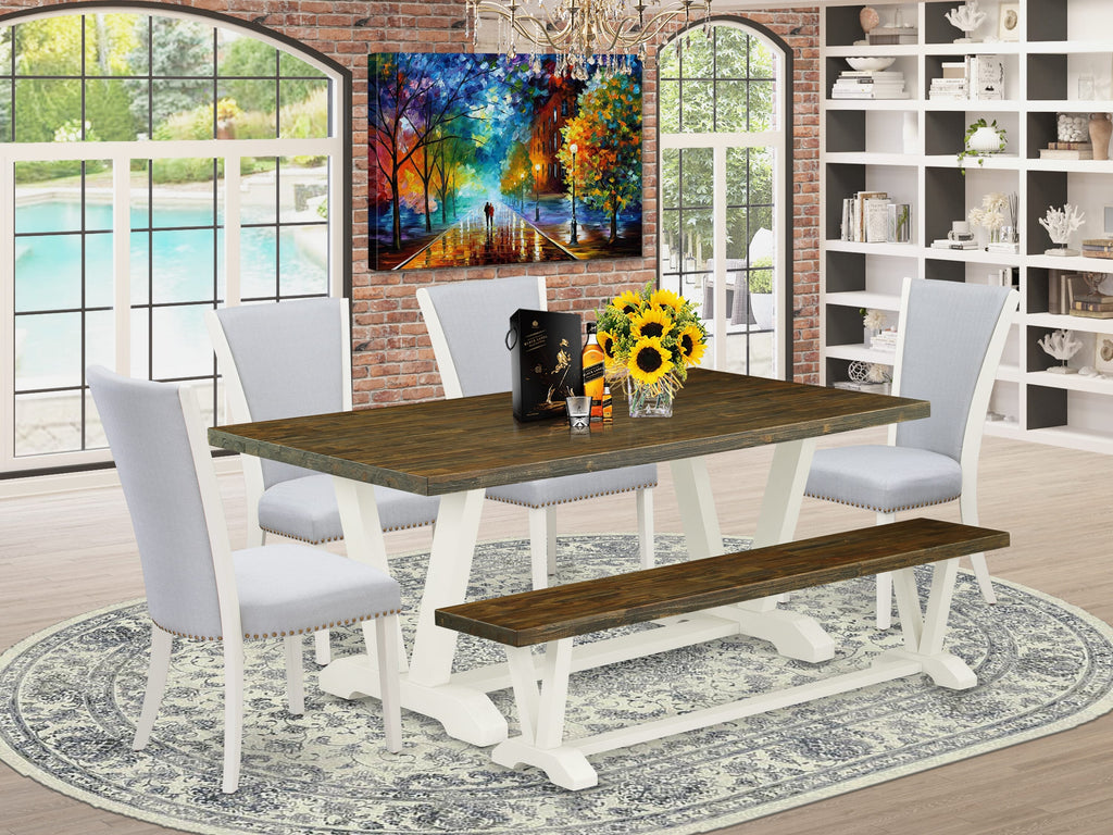 6-Piece Dining Set V077VT0BC-I Chic Rectangle Table with V-Legs, Parson Chairs & Bench, Grey Linen Style