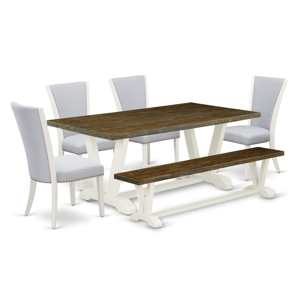 6-Piece Dining Set V077VT0BC-I Chic Rectangle Table with V-Legs, Parson Chairs & Bench, Grey Linen Style