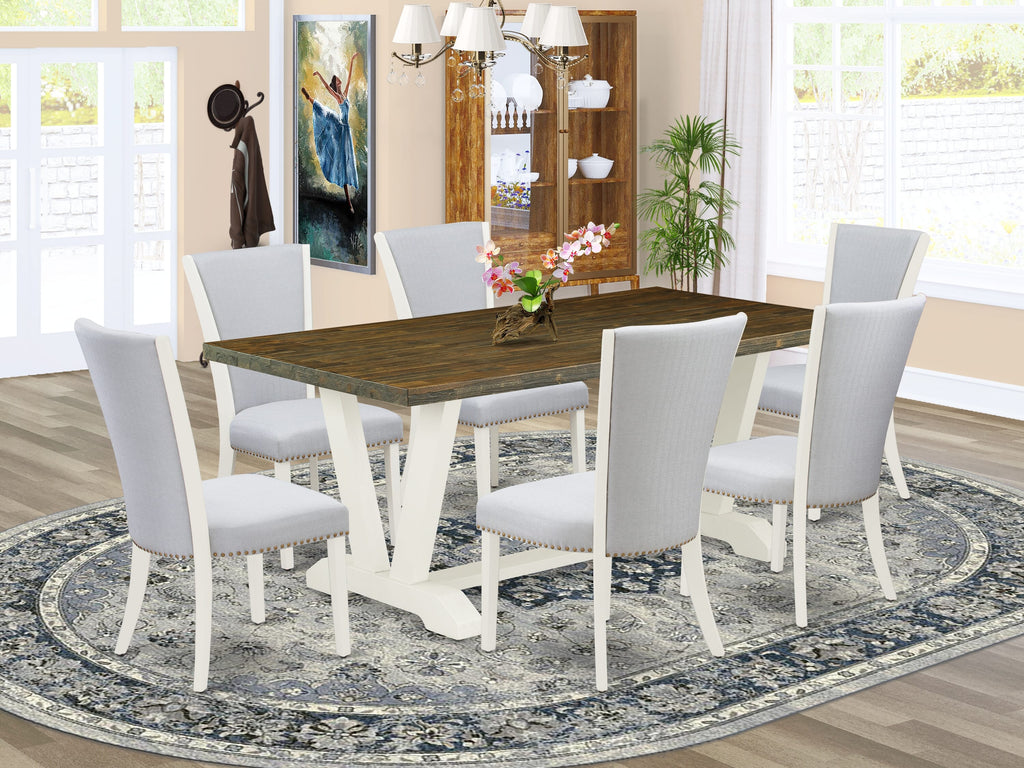 V077VQYI6-X 7-Piece Dining Ensemble with Rectangular Table and V-Leg Design Including Set of 6 Parsons Chairs, Multi-Color Textured