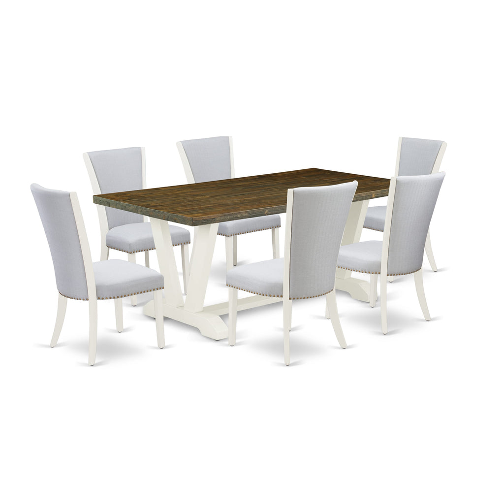 V077VQYI6-X 7-Piece Dining Ensemble with Rectangular Table and V-Leg Design Including Set of 6 Parsons Chairs, Multi-Color Textured