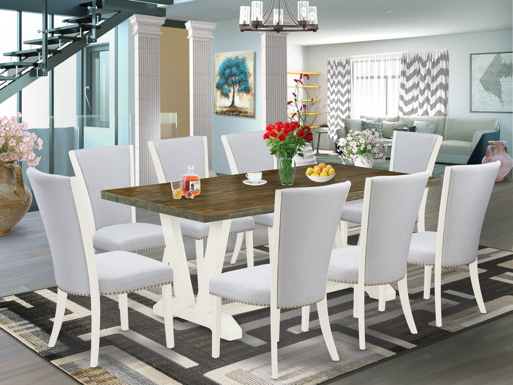 Transform your Kitchen with the Stylish 9-Piece Set - V077V0JVW-P Featuring a Rectangle Dining Table and 8 Elegant Grey Linen Parsons Chairs, 40x72 Inches, Multi-Color Delight