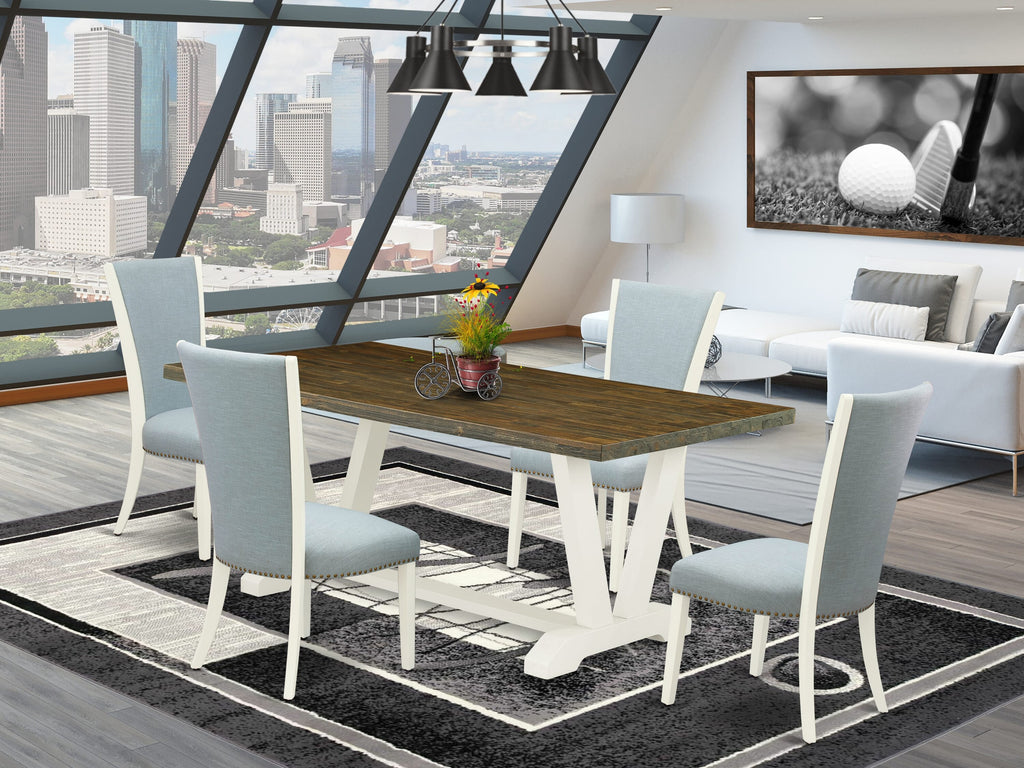 V077VL2SR-J 5-Piece Modern Dining Ensemble with Rectangular Table and 4 Upholstered Chairs in Baby Blue Linen
