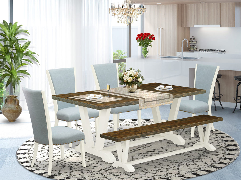 V077V5W8C-O 6-Piece Dining Collection with V-Legs and 4 Blue Velvet Chairs, 72x40 Inches, Multicolor