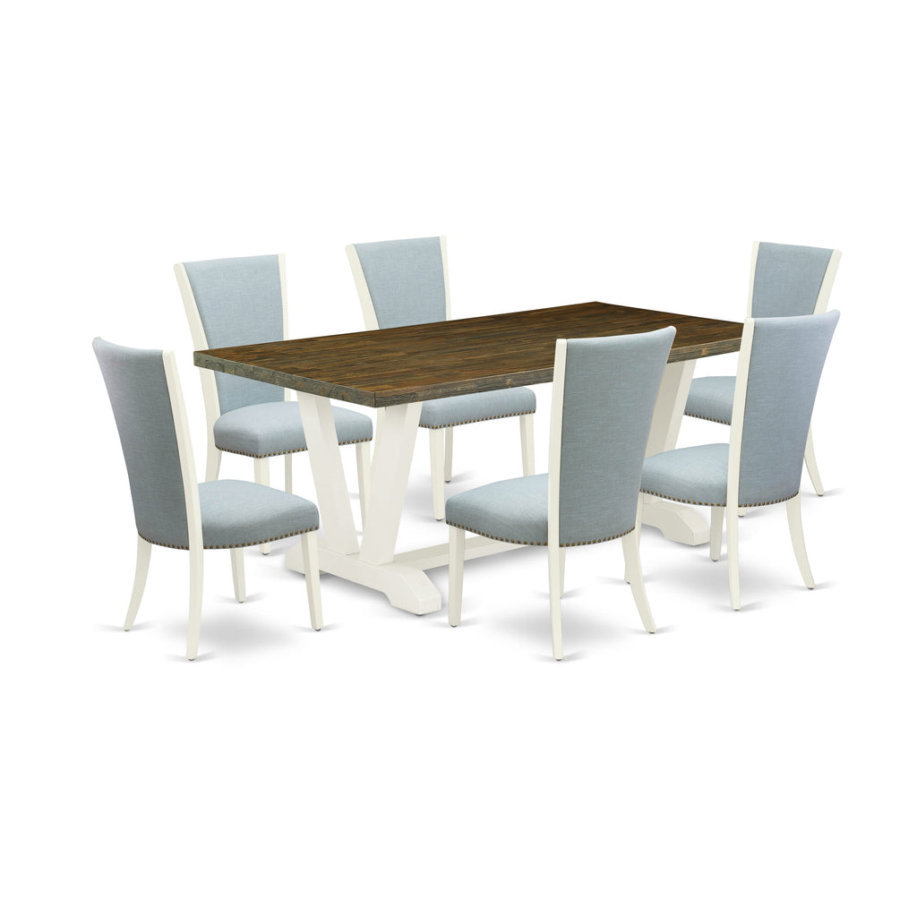 V077V39TA-R 7-Piece Dining Set Wood Table & Baby Blue Chairs 40x72