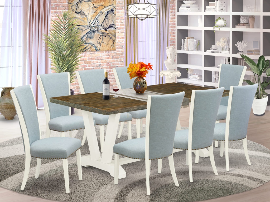 V077V5CZ6-Q 9-Piece Dining Ensemble with V-Leg Table & 8 Blue Upholstered Chairs, 40x72 Multi-Hue