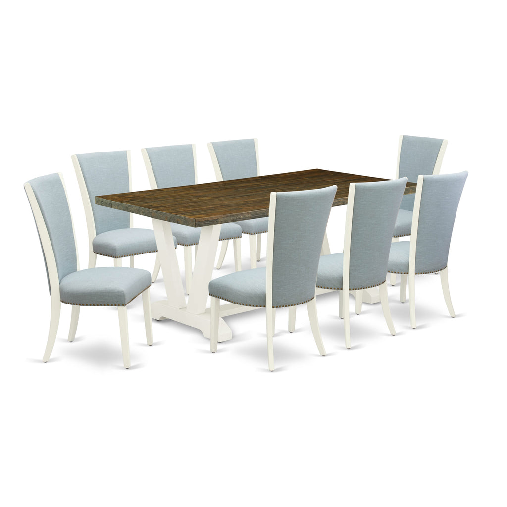 V077V5CZ6-Q 9-Piece Dining Ensemble with V-Leg Table & 8 Blue Upholstered Chairs, 40x72 Multi-Hue