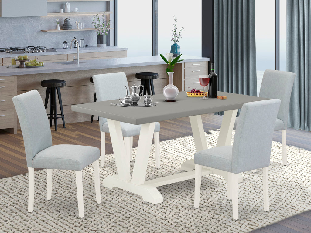 V096A88KJ-8 Elegant 5-Piece Dining Ensemble Featuring Sophisticated V-Leg Table and 4 Upholstered Chairs in Blue