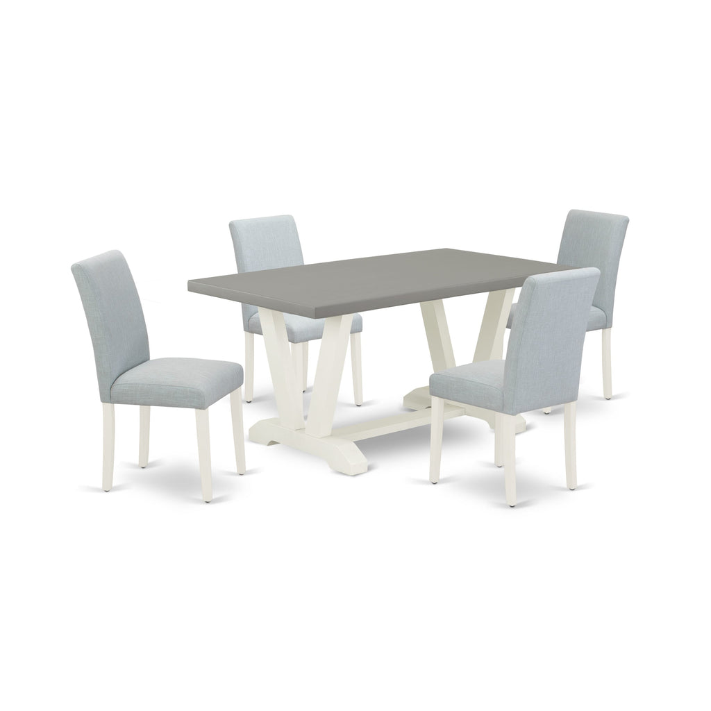 V096A88KJ-8 Elegant 5-Piece Dining Ensemble Featuring Sophisticated V-Leg Table and 4 Upholstered Chairs in Blue