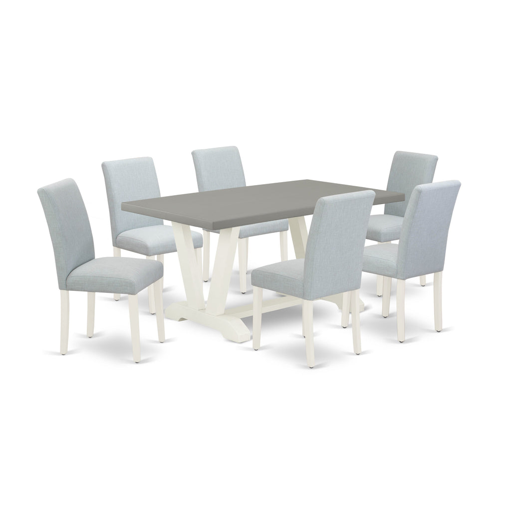 V096A731N-M 7 Pc Dining Set with Unique V-Legs Rectangle Table & 6 Upholstered Blue Chairs, 36x60 Variety