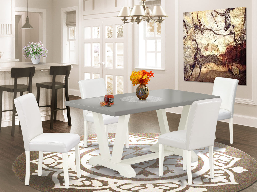 V096ARRIJ-Y 5 Piece Dining Room Ensemble Rectangle Table with V-Legs, 4 White Leather Parsons Chairs, 36x60