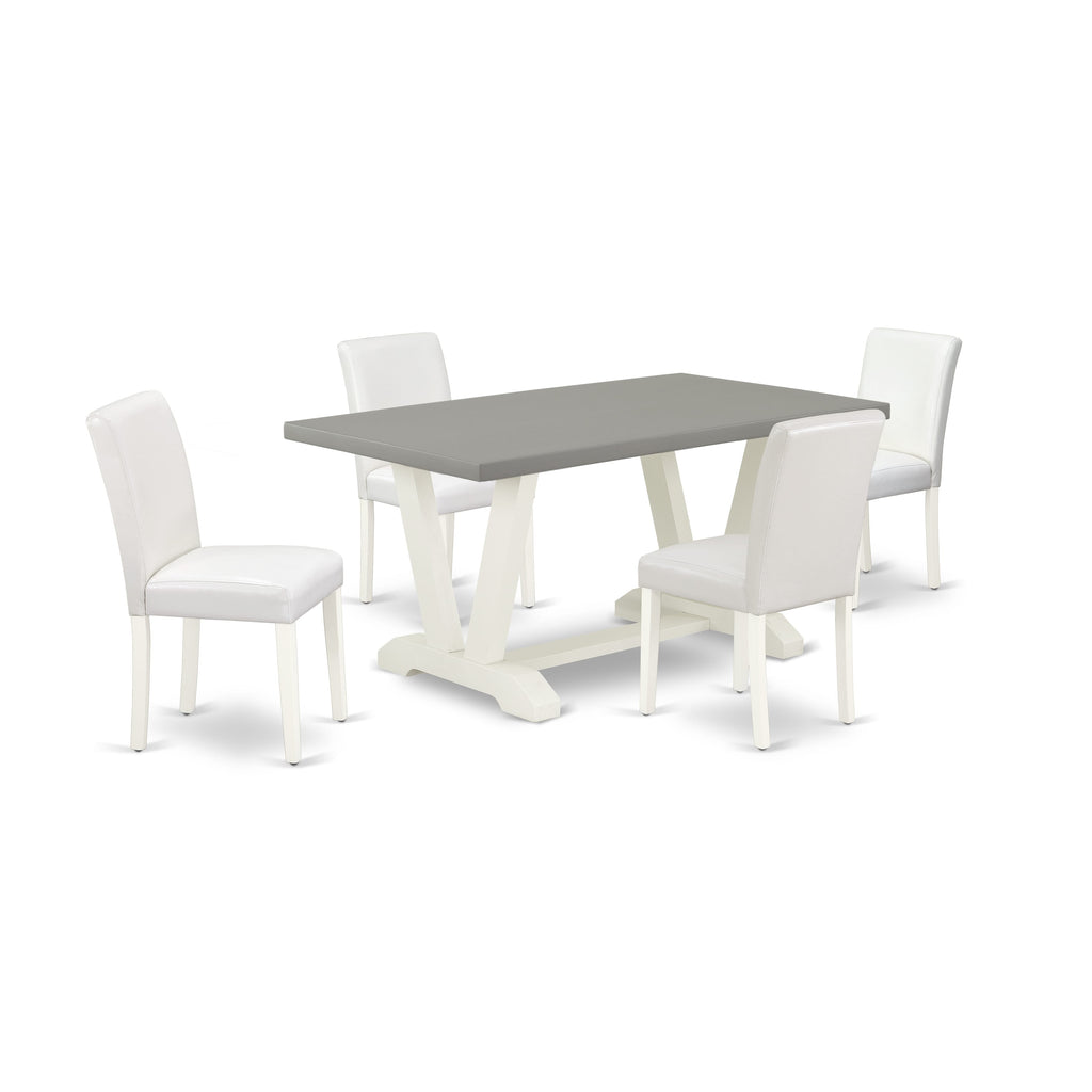 V096ARRIJ-Y 5 Piece Dining Room Ensemble Rectangle Table with V-Legs, 4 White Leather Parsons Chairs, 36x60