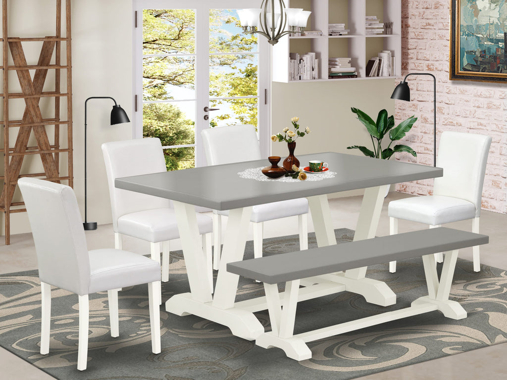 V096AFEQC-N 6-Piece Dining Set Rectangular Table with V-Legs, 4 Faux Leather Chairs & Bench, 36x60, Multi-Color