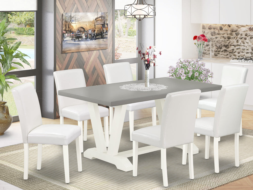 V096A2JD2-W 7-Piece Dining Collection with Rectangle Table & White Faux Leather Parson Chairs (36x60 In, Multi-Color)