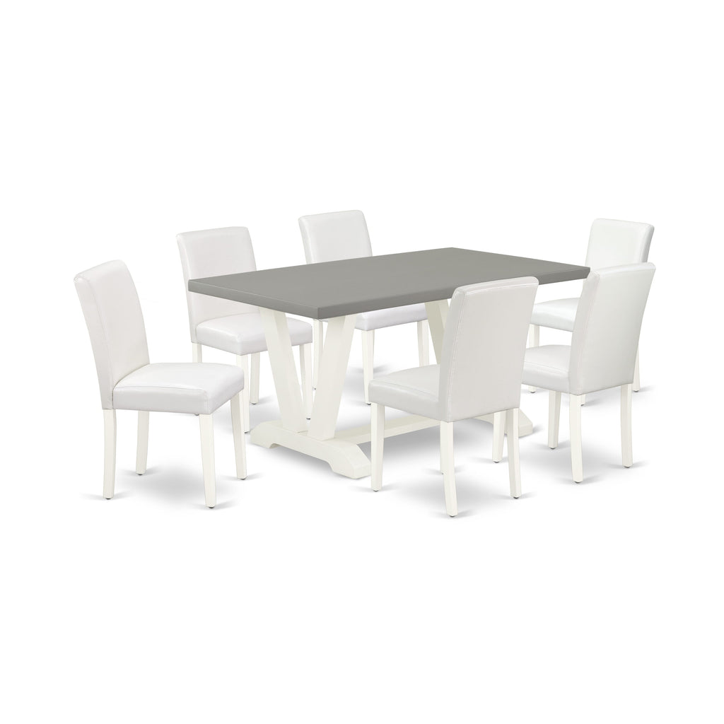 V096A2JD2-W 7-Piece Dining Collection with Rectangle Table & White Faux Leather Parson Chairs (36x60 In, Multi-Color)