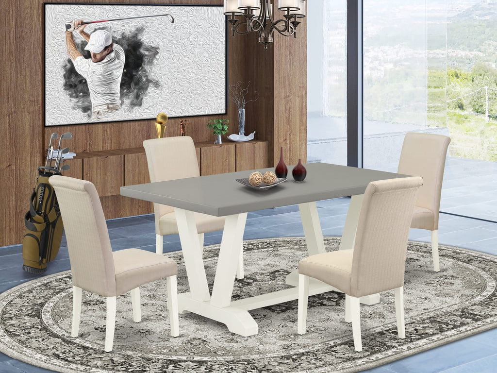 V096B2OGK-X Elegant Dining Ensemble 5-Piece Set with Stylish V-Leg Table & Cream Fabric Seats, Multi-Tone