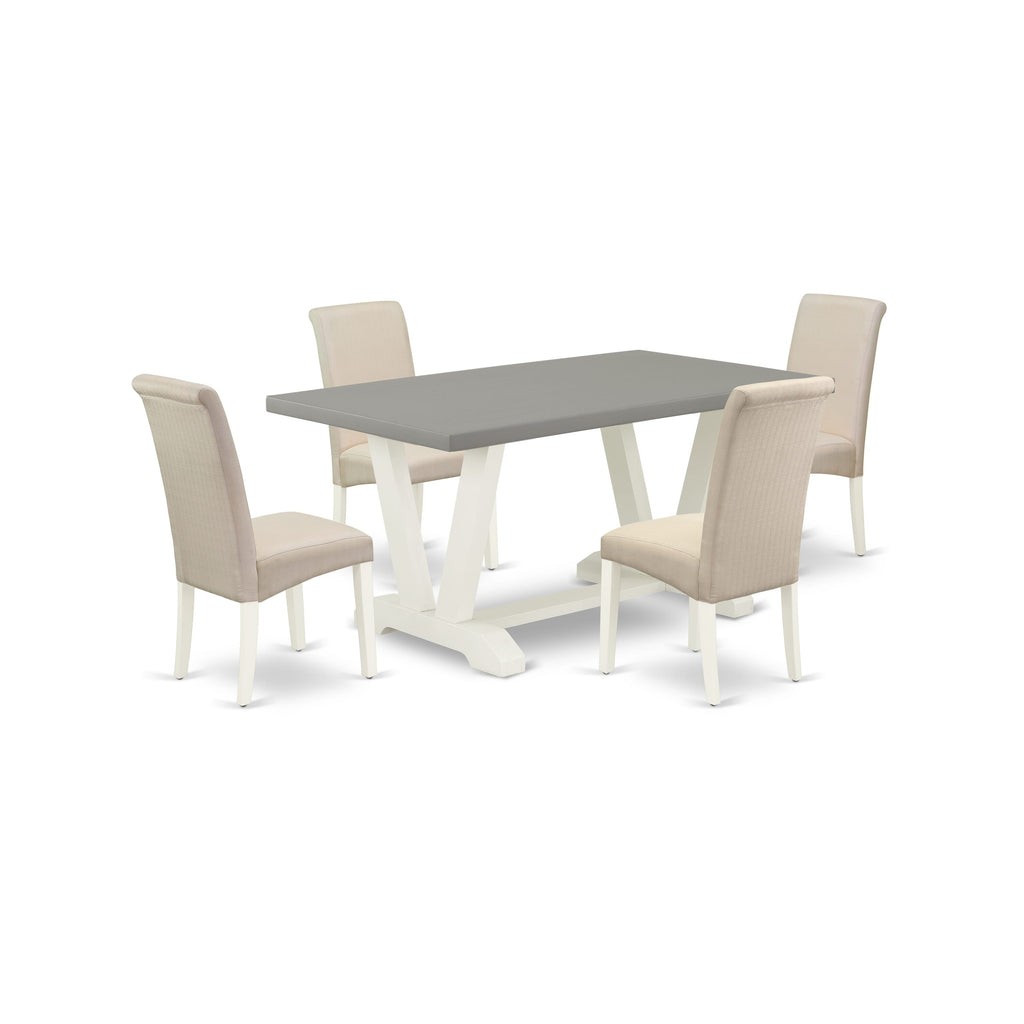 V096B2OGK-X Elegant Dining Ensemble 5-Piece Set with Stylish V-Leg Table & Cream Fabric Seats, Multi-Tone