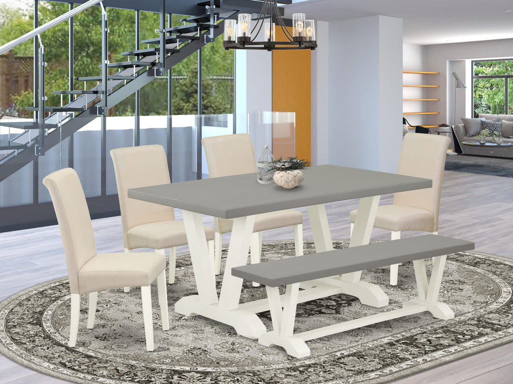 V096B83D5-F Charming 6-Piece Set Rectangle Table, V-Support, 4 Cream Parsons & Bench, 36x60