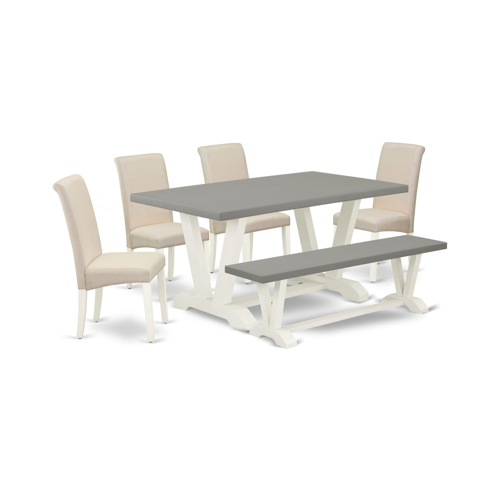 V096B83D5-F Charming 6-Piece Set Rectangle Table, V-Support, 4 Cream Parsons & Bench, 36x60