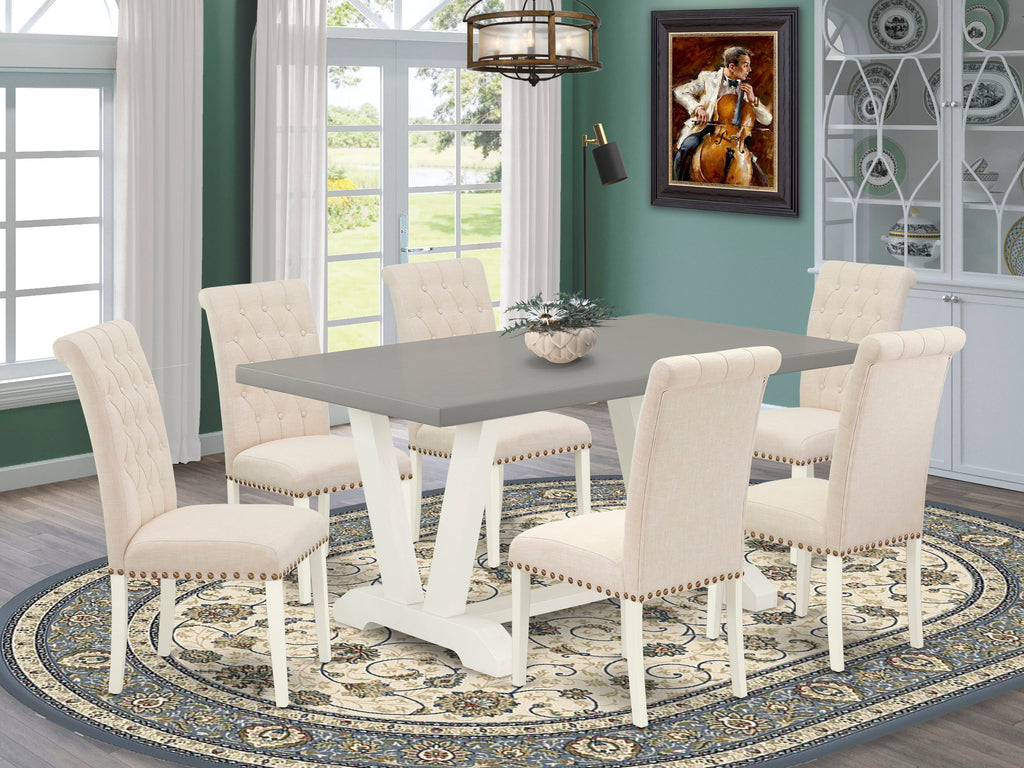 V096BJHZP-Q Modern 7-Piece Dining Ensemble Angular-Legged Table and Beige Upholstered Seating Set, 36x60