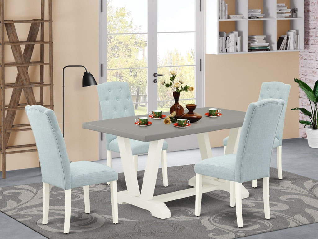 V096C14O9-J Exquisite 5-Piece Dining Ensemble with V-Outlined Table and 4 Blue Fabric Chairs, 36x60