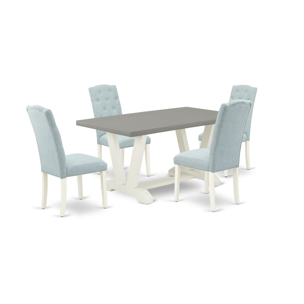 V096C14O9-J Exquisite 5-Piece Dining Ensemble with V-Outlined Table and 4 Blue Fabric Chairs, 36x60