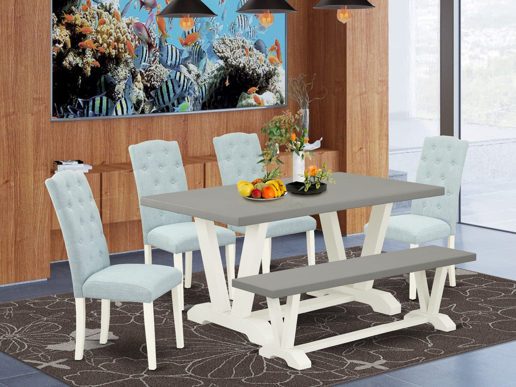V096CDNZO-C 6-Piece Dining Ensemble with V-Leg Table, Bench & Blue Linen Chairs, 36x60-Inch, Multi-Color