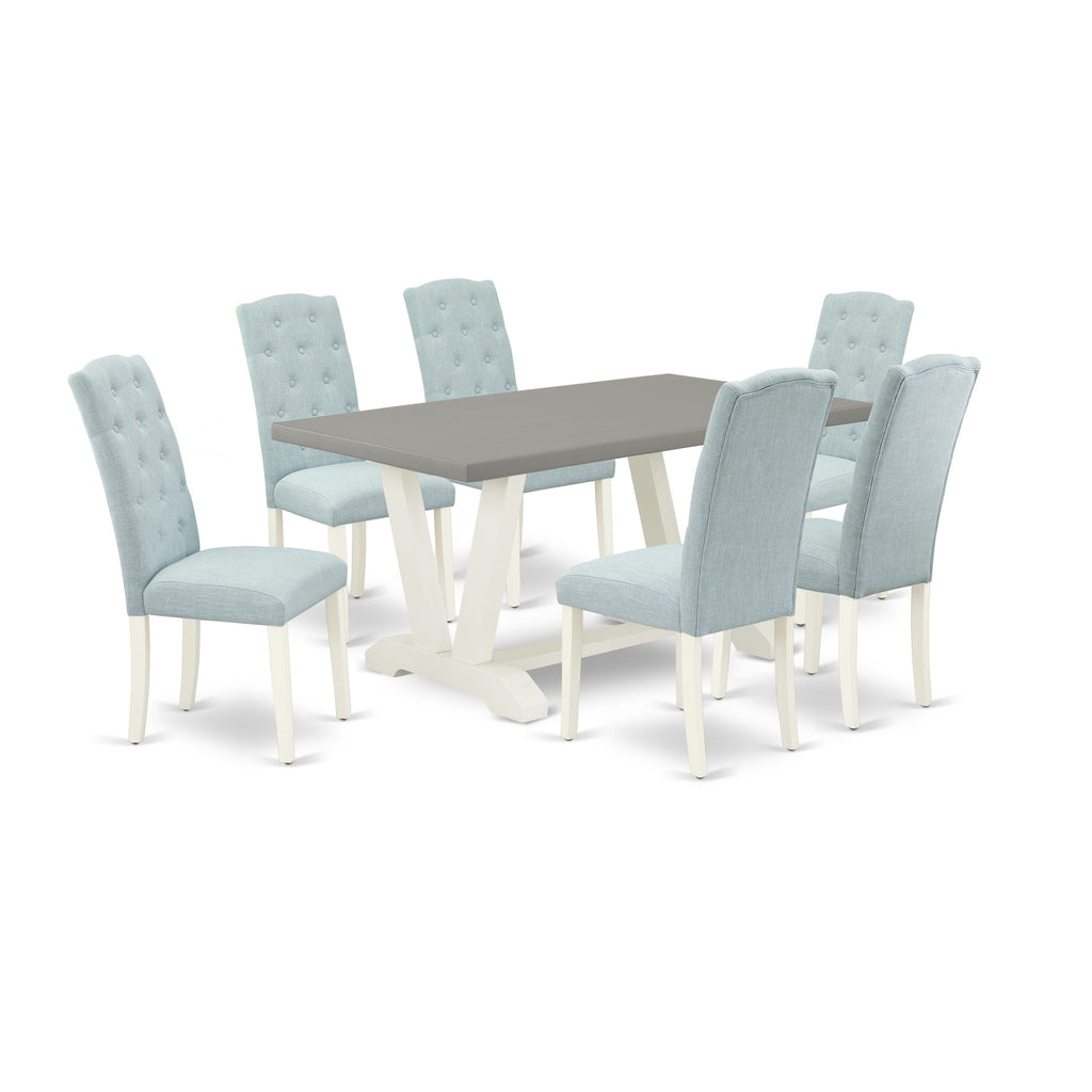 V096CDU0K-H - 7 Piece Rectangle Dining Set with V-Legs and 6 Baby Blue Chairs, 36x60 Inch, Multi-Color