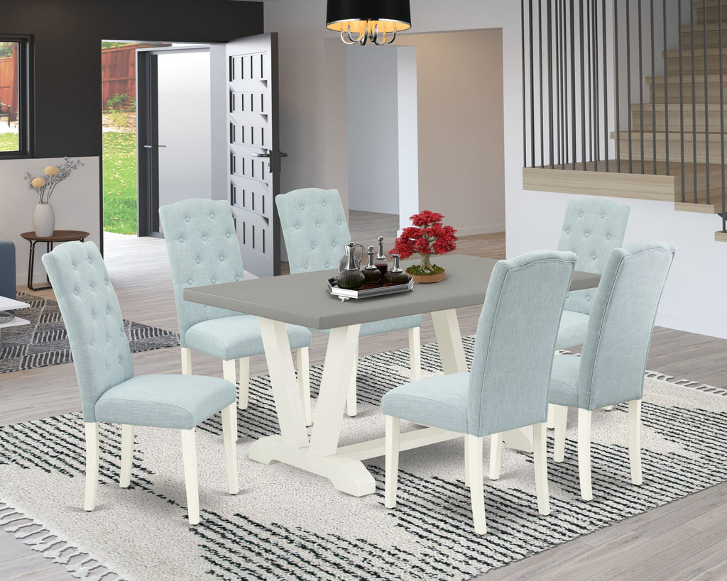 V096CDU0K-H - 7 Piece Rectangle Dining Set with V-Legs and 6 Baby Blue Chairs, 36x60 Inch, Multi-Color
