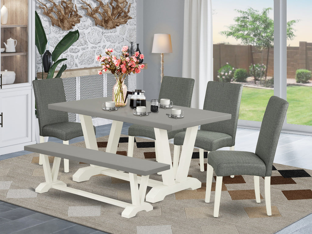 V096DILDO-4 Dining Ensemble 6-Piece Set - Rectangular Table, 4 Parson Chairs, Multi-Hued Bench