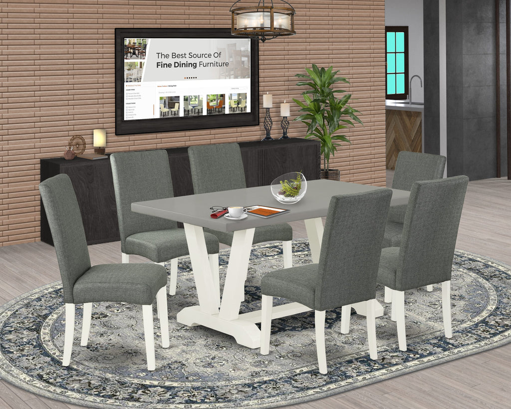 V096D53XE-O Contemporary 7-Piece Dining Ensemble with Rectangular Table & Six Gray Linen Chairs, V-Shaped Legs