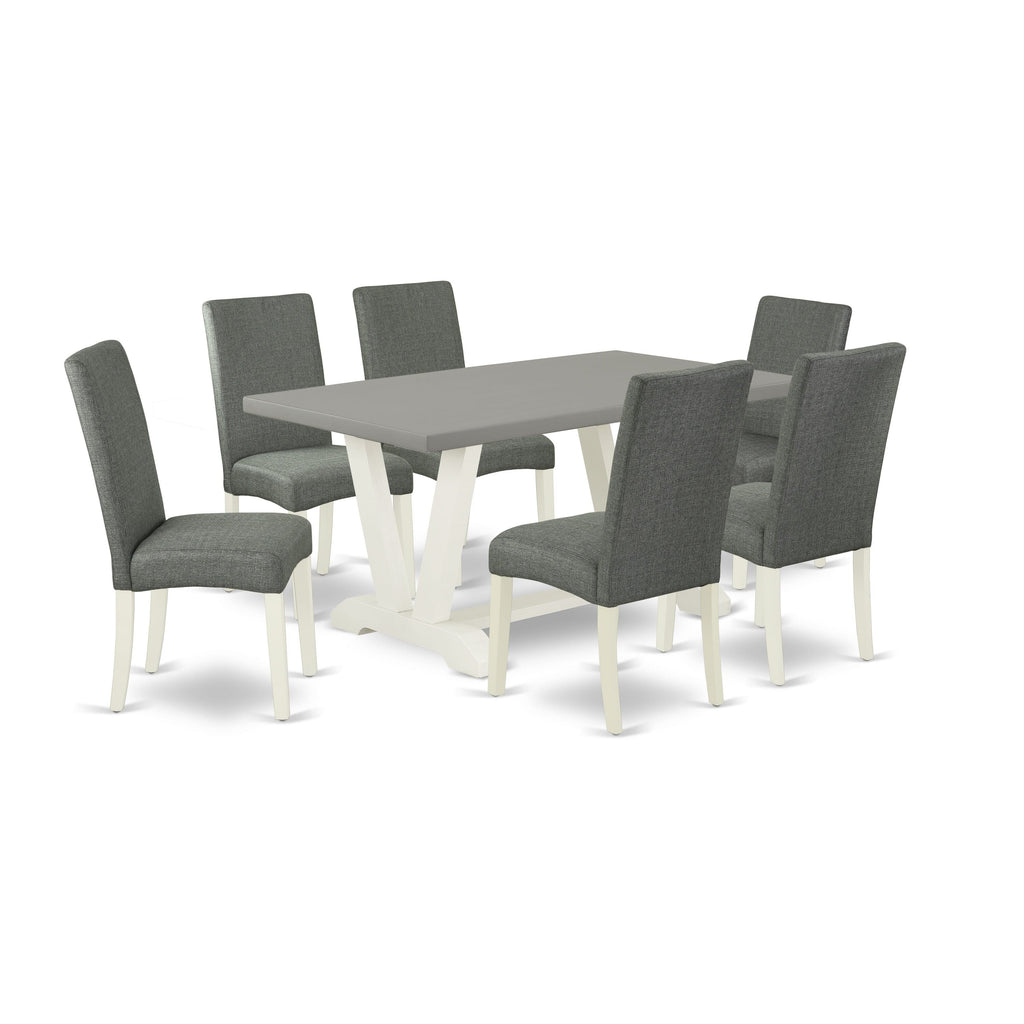 V096D53XE-O Contemporary 7-Piece Dining Ensemble with Rectangular Table & Six Gray Linen Chairs, V-Shaped Legs