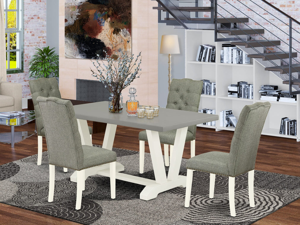 V096ENVDF-T 5 Piece Dining Ensemble Rectangle V-Leg Table & 4 Gray Fabric Parson Chairs, Multi-Color, 36x60