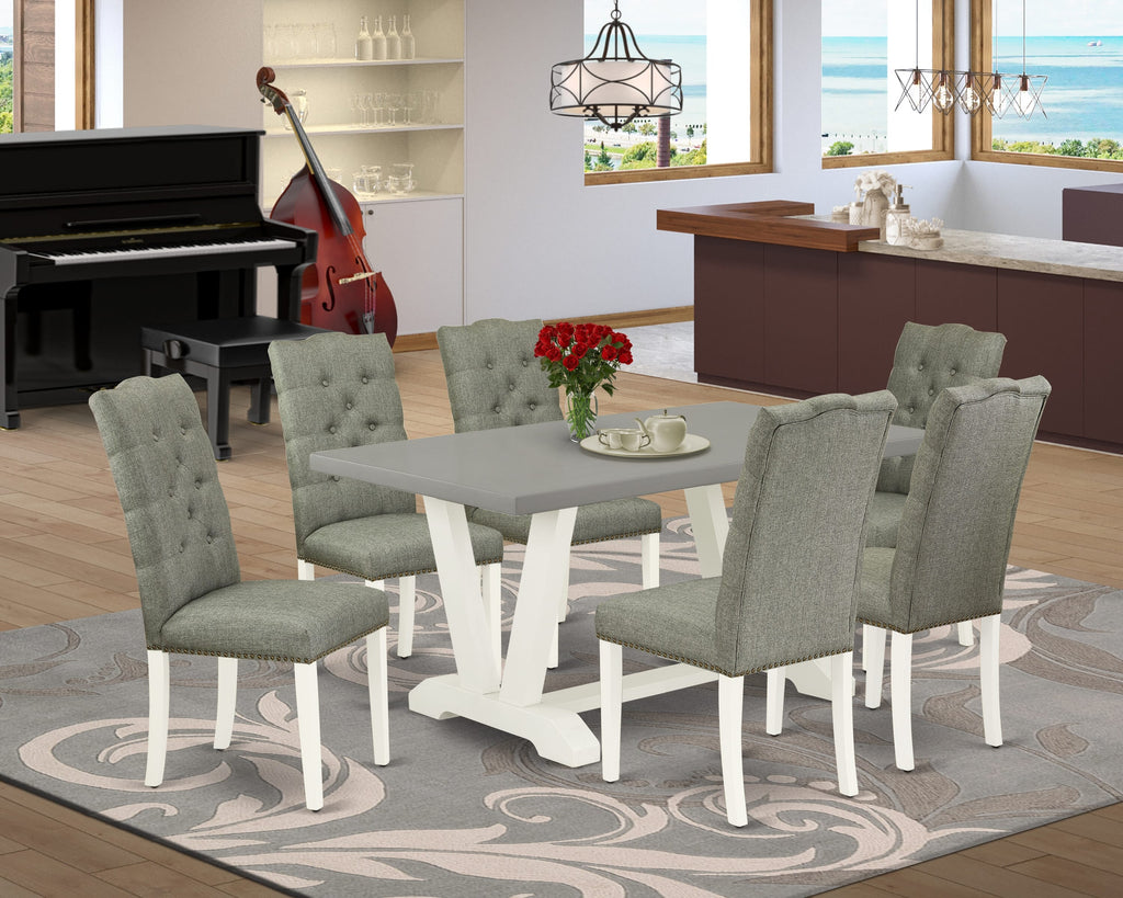 V096EILW7-4 7-Piece Dining Set with V-Legged Table and Linen Parson Chairs, Varied Colors