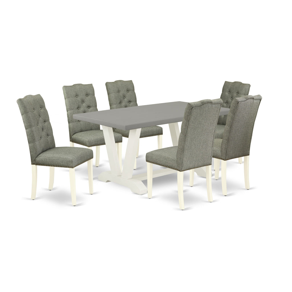 V096EILW7-4 7-Piece Dining Set with V-Legged Table and Linen Parson Chairs, Varied Colors