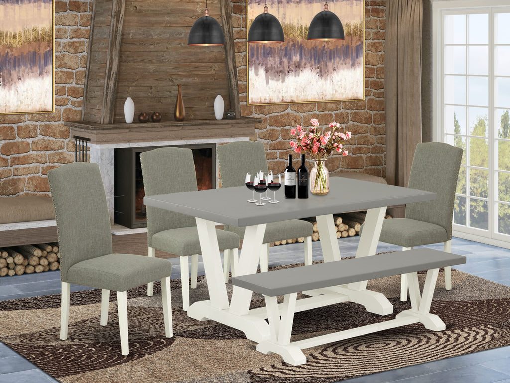 V096EUIJZ-5 6 Piece Dining Ensemble Rectangular Table & V-Legged Charcoal Chairs with Bench